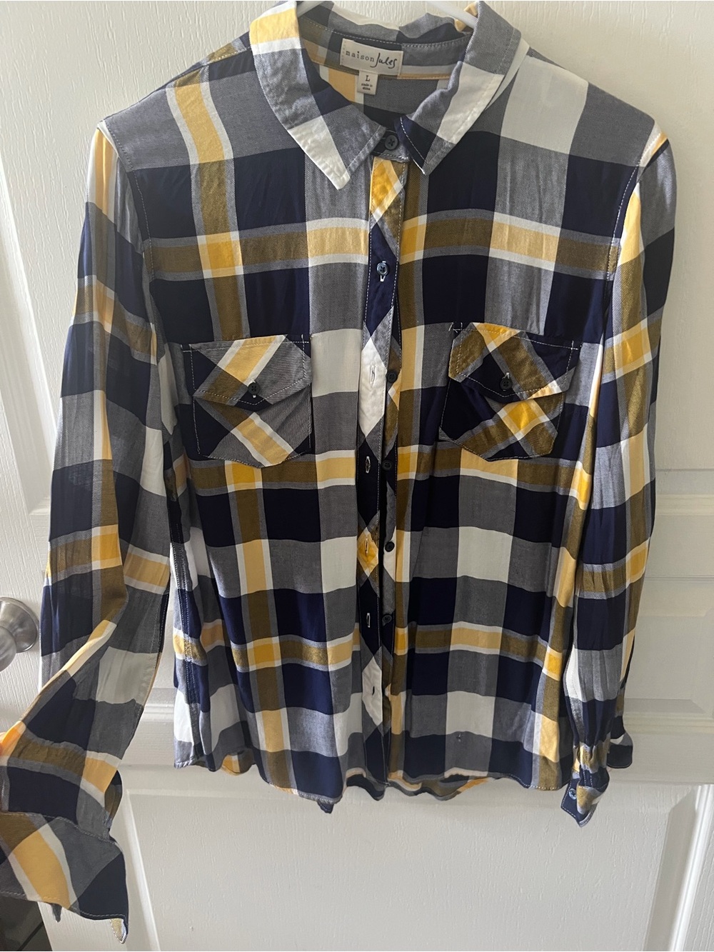 Women’s Large Maison Jules Black, Yellow, & White Plaid Button-Down Shirt - Picture 4 of 9